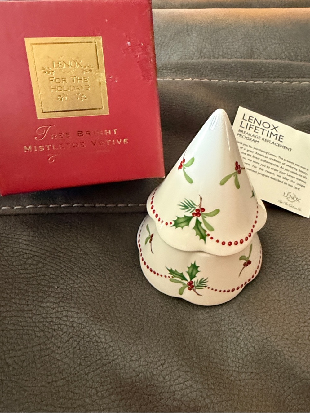 Lenox White Ceramic Holiday Tree Votive with Green Holly and Red Berries